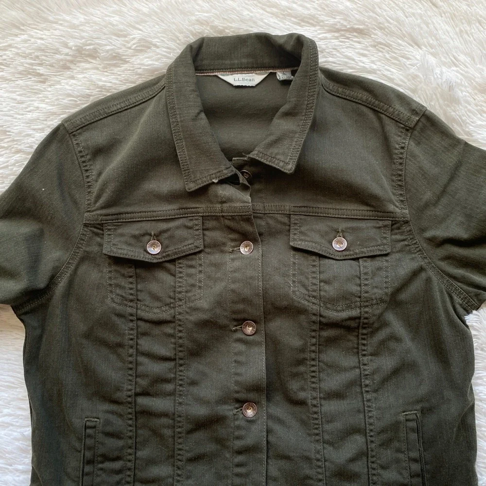 L.L.BEAN Denim Trucker Jacket Womens Olive Green Stretch Size L Regular